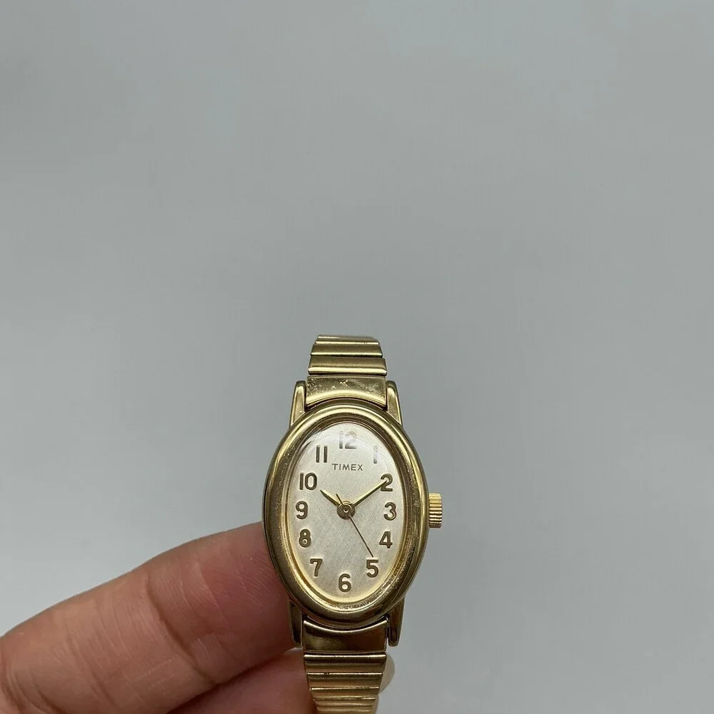 Timex Womens Watch 18mm Champagne Dial Gold Tone Oval Stretch Band New Battery